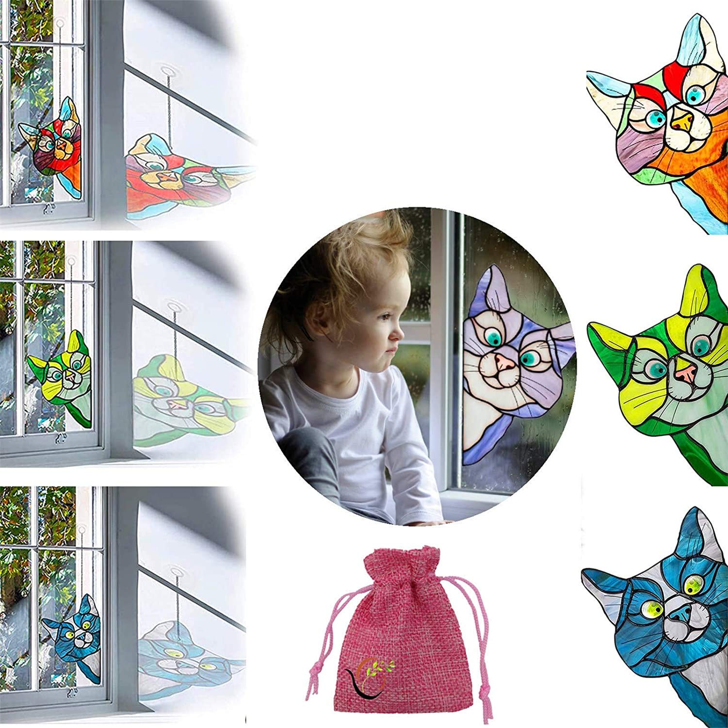 Amazon｜8個のステンドグラスの猫の窓のステッカー、覗く猫のステンド